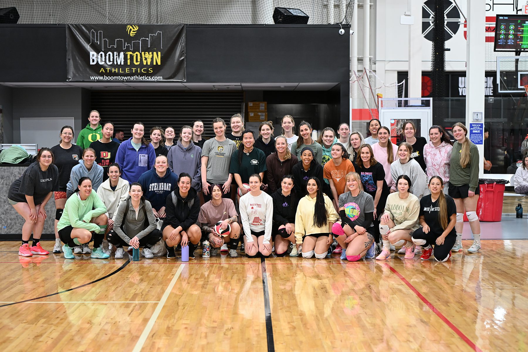Boomtown Athletics league players gathered on the indoor court at FieldhouseUSA in Aurora